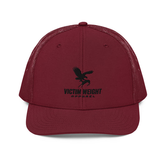 Victim Weight Black Logo Font Trucker Hat